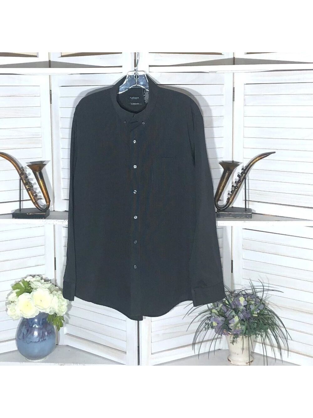 Van Heusen Pinstripe Shirt Black gray wedding guest career wear preppy old money